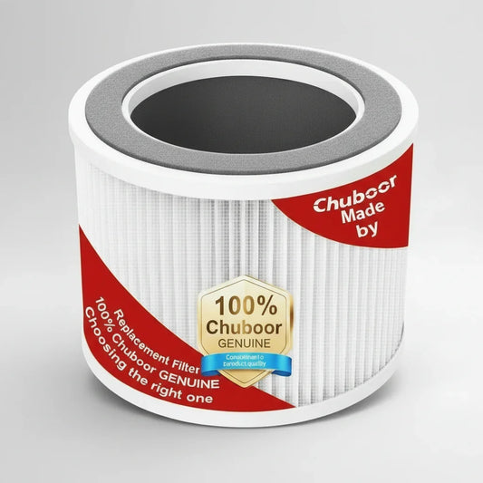 Cylindrical air purifier replacement filter with white pleated surface and red label.