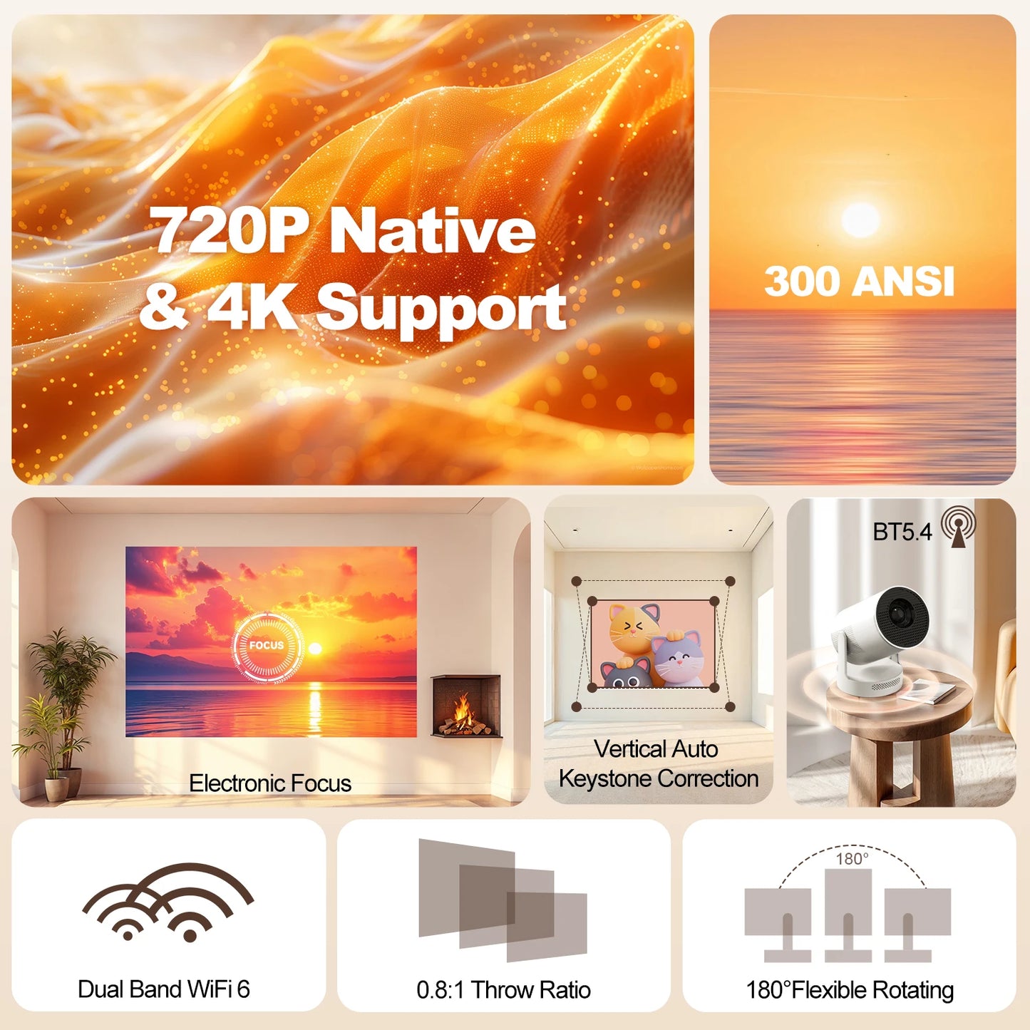 Magcubic HY300 Pro+ Portable Projector – 4K 720P Mini Smart Projector with WiFi 6, BT5.4, Auto Keystone, 180° Rotation & 5W Speaker