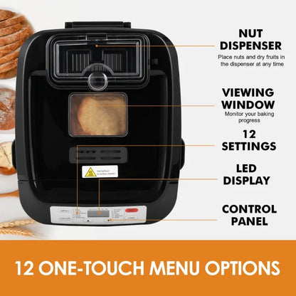 Kitchen in the Box 2lb Bread Maker with Auto Fruit Nut Dispenser, 12-in-1 Programmable Bread Machine, Gluten-Free Setting, 13H Delay Timer, Non-Stick Pan, Compact Design