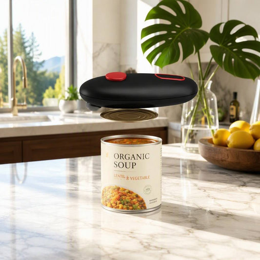 A black magnetic can lifter with red buttons is shown floating above a can of organic soup on a marble kitchen countertop, with a blurred kitchen background including lemons and green leaves.