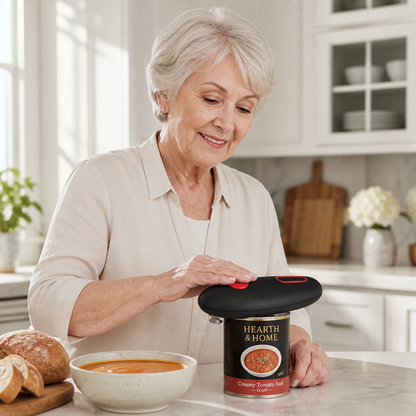 Senior woman using an automatic electric can opener on a can of tomato soup in a kitchen.
