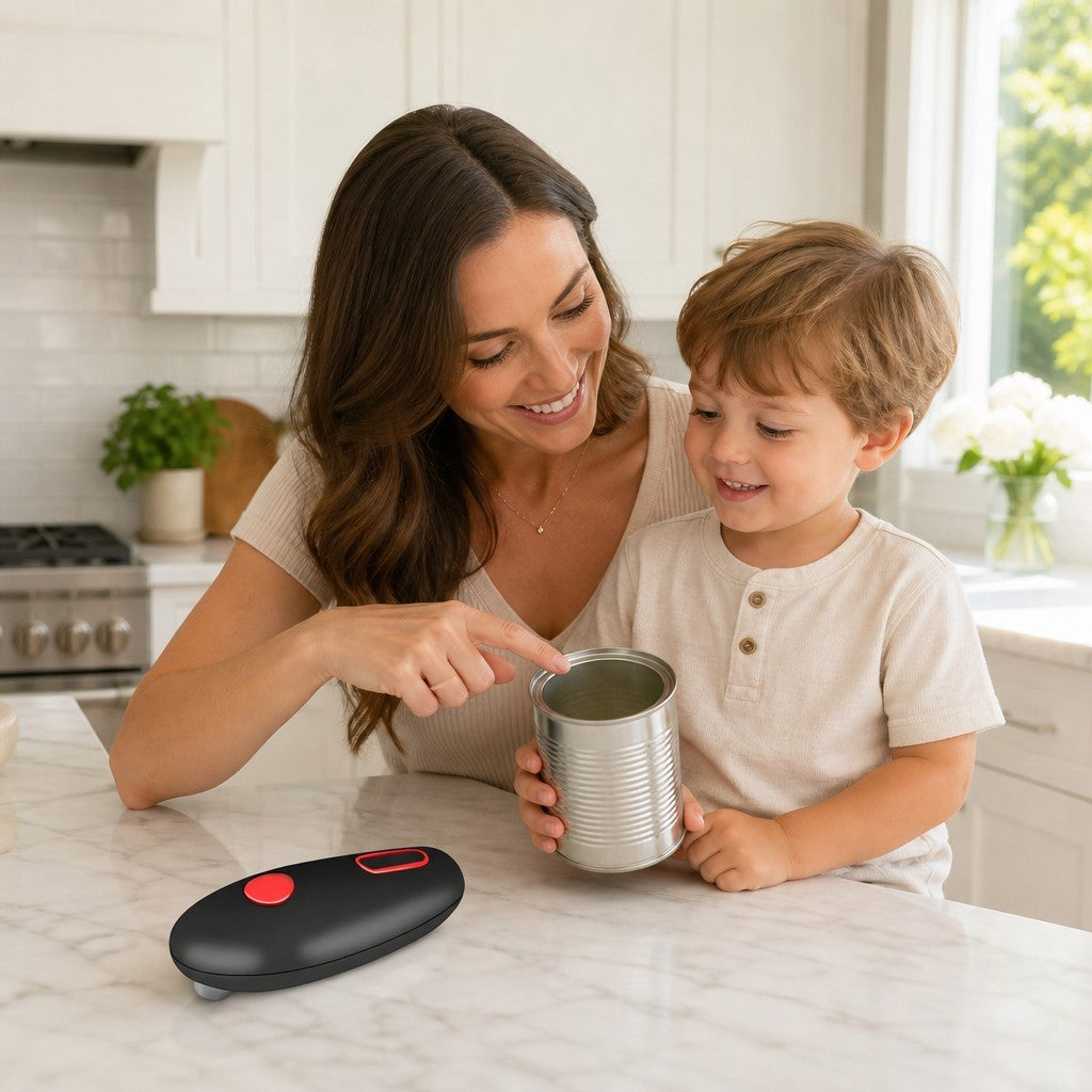 A mother and child using a handheld automatic can opener on a kitchen counter.