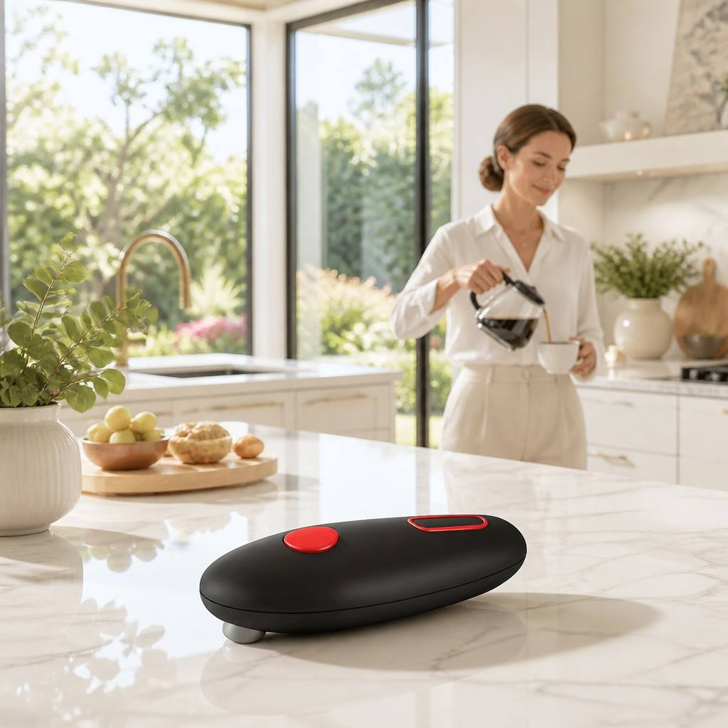 Sleek black smart tracking device with a red button on a white marble kitchen countertop.