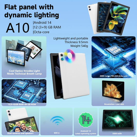 A523 Android 14 tablet featuring a 10-inch HD IPS display with slim bezels and lightweight design