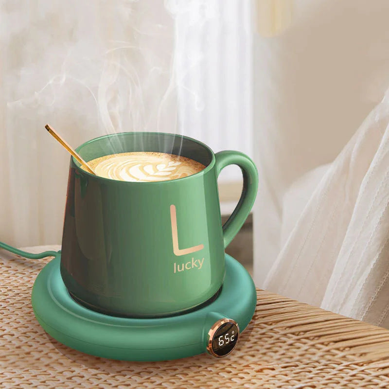 Green smart mug with 'Lucky' print on digital warmer, steaming coffee, 65°C display, cozy home setting