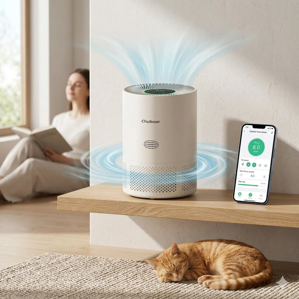 Smart air purifier on shelf with app control, relaxed woman reading, and sleeping cat nearby