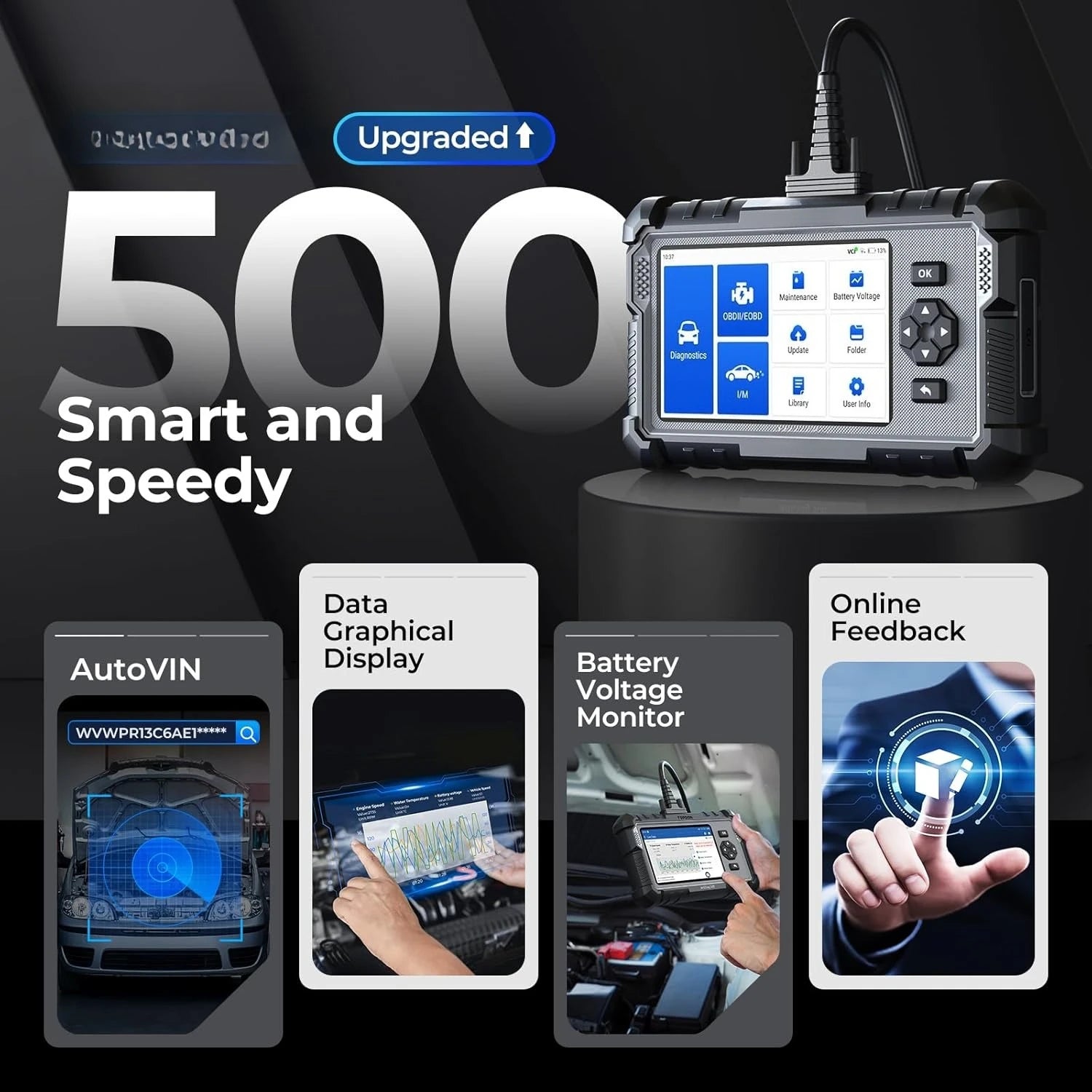 Car diagnostic tool with features highlighted on a dark background