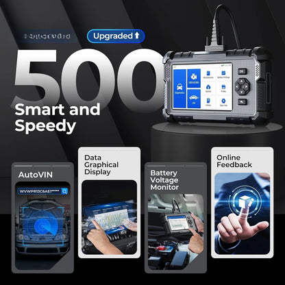 Car diagnostic tool with features highlighted on a dark background
