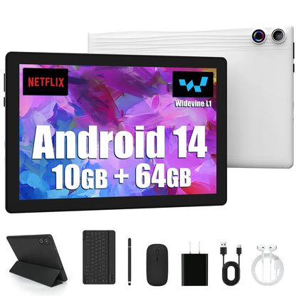 Android 14 A523 tablet bundle with wireless keyboard, mouse, protective case, stylus, and charger