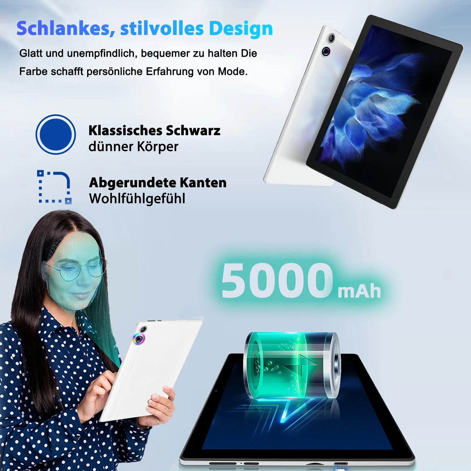 A523 tablet with 8MP rear and 5MP front camera for clear video calls, photos, and streaming