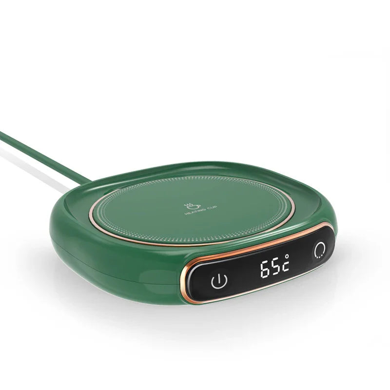 Green smart cup warmer with digital temp display, 65°C, USB powered, sleek design for desk use
