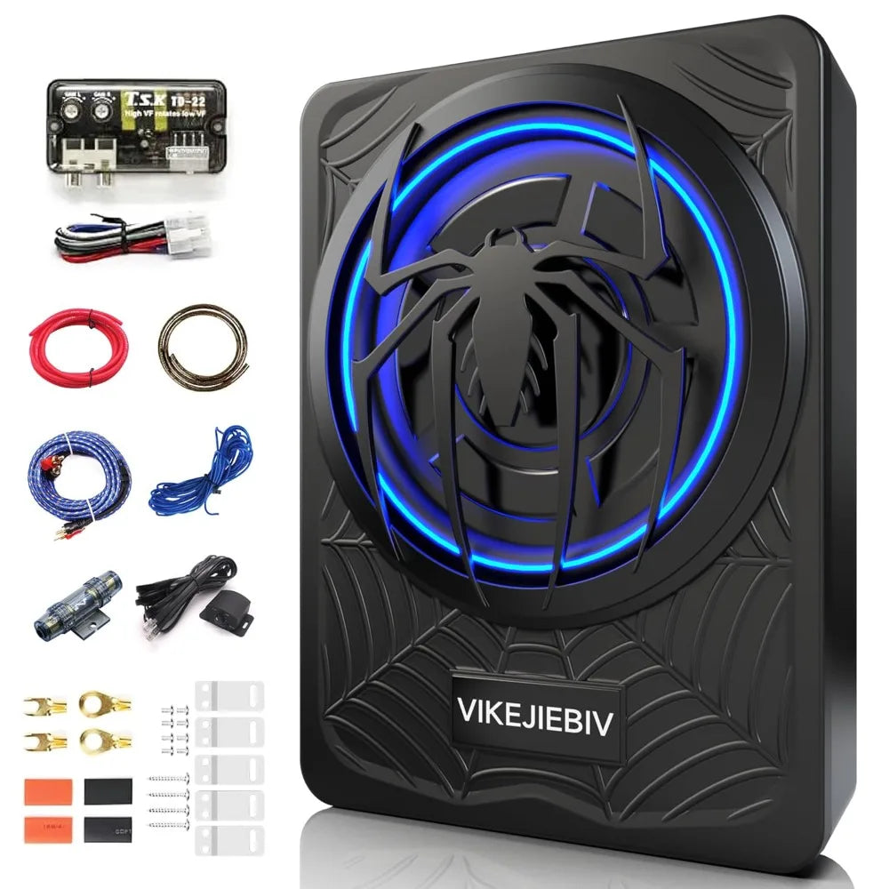 Compact 10-inch car subwoofer with powerful bass and ambient blue LED lighting2