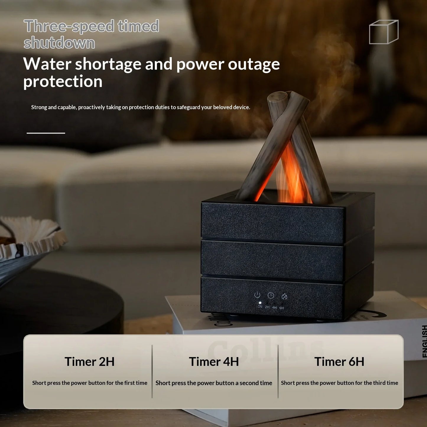 Black 3-tier aroma diffuser with campfire design, 2H/4H/6H timer, auto shut-off for safety