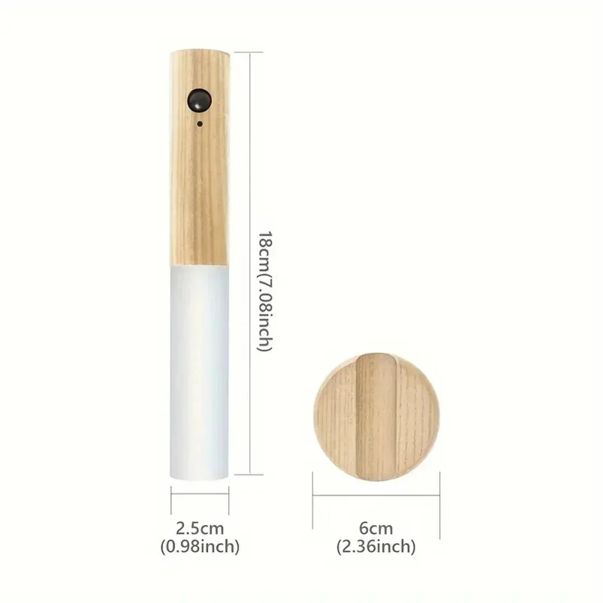 Slim wooden and white smart device with 18cm height, 2.5cm width, and 6cm circular base for modern tech setups.