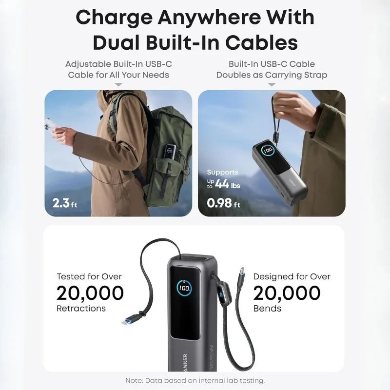 Anker Zolo 25000mAh Power Bank – 165W PD Fast Charging with Built-In Retractable Cables, Digital Display, Portable Charger for iPhone 16, MacBook, Laptops & More