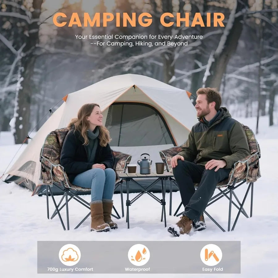Foldable heated camping chair with carrying bag for easy transport and setup at campsites or sporting events.