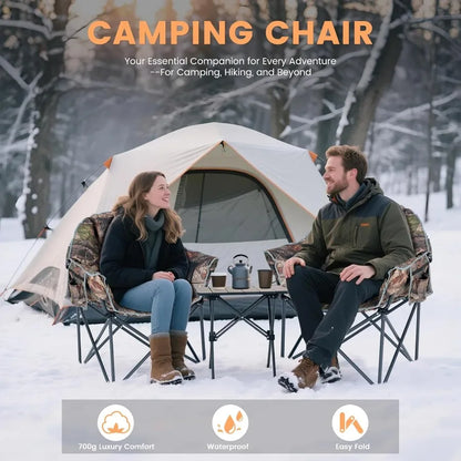 Foldable heated camping chair with carrying bag for easy transport and setup at campsites or sporting events.