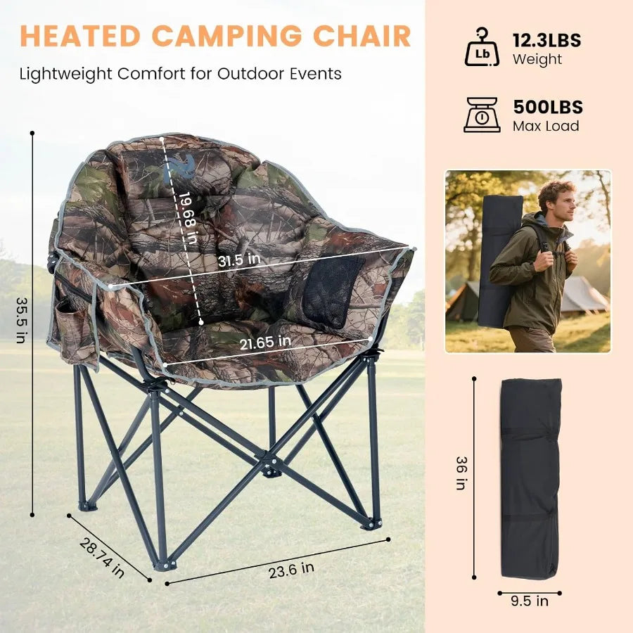 Person relaxing outdoors in heated camping chair, enjoying warmth during camping trip or outdoor sports event.