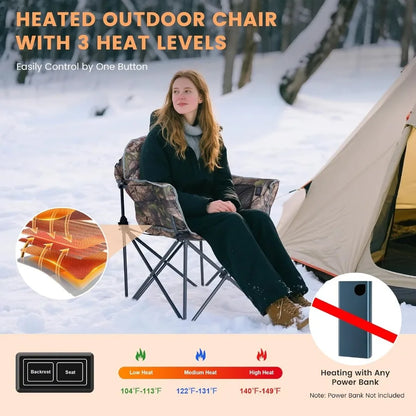 Close-up of heated camping chair showing temperature control and 3 adjustable heat settings for all-weather comfort.