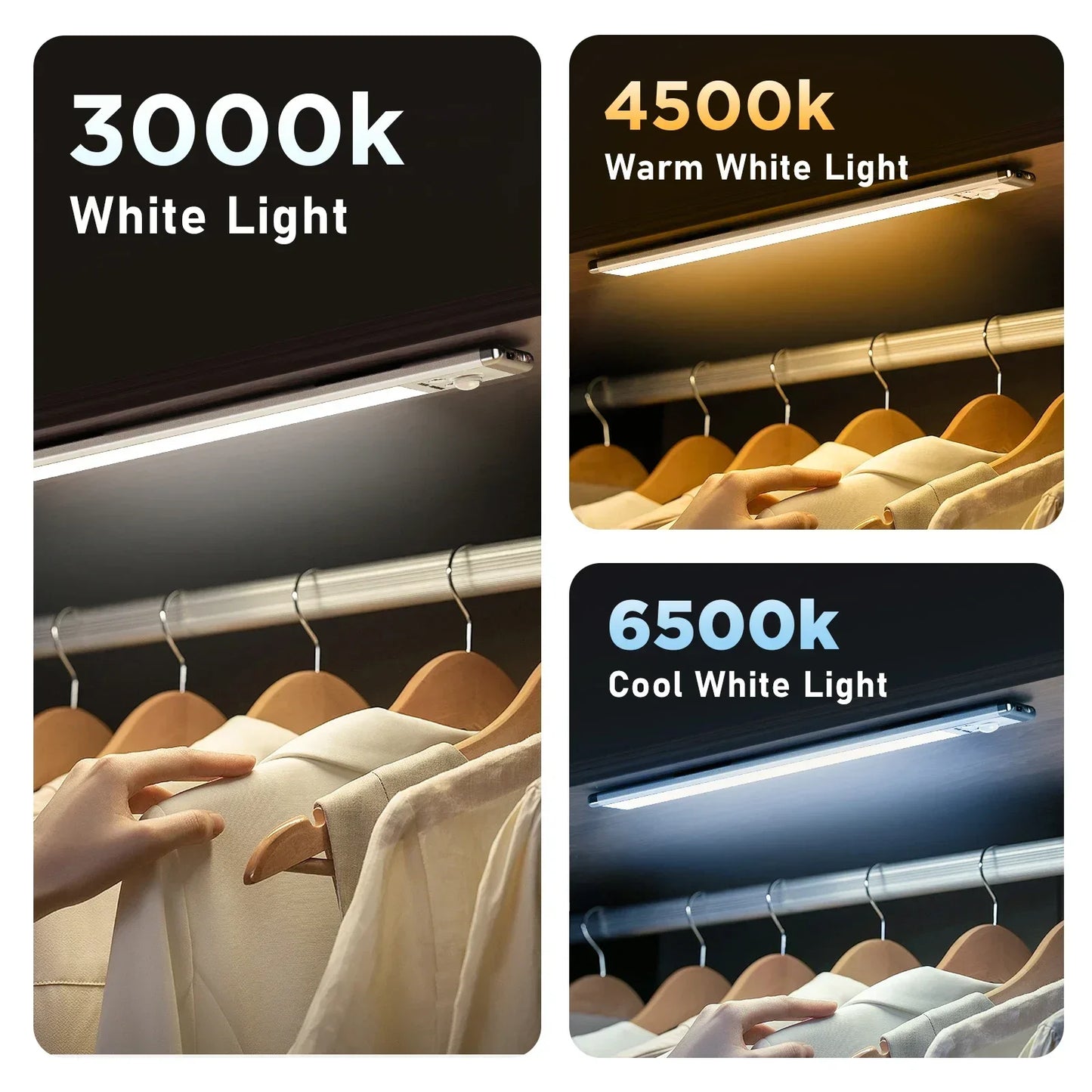 Rechargeable motion sensor LED lights used in kitchen, stairway, and wardrobe for bright and energy-efficient lighting.