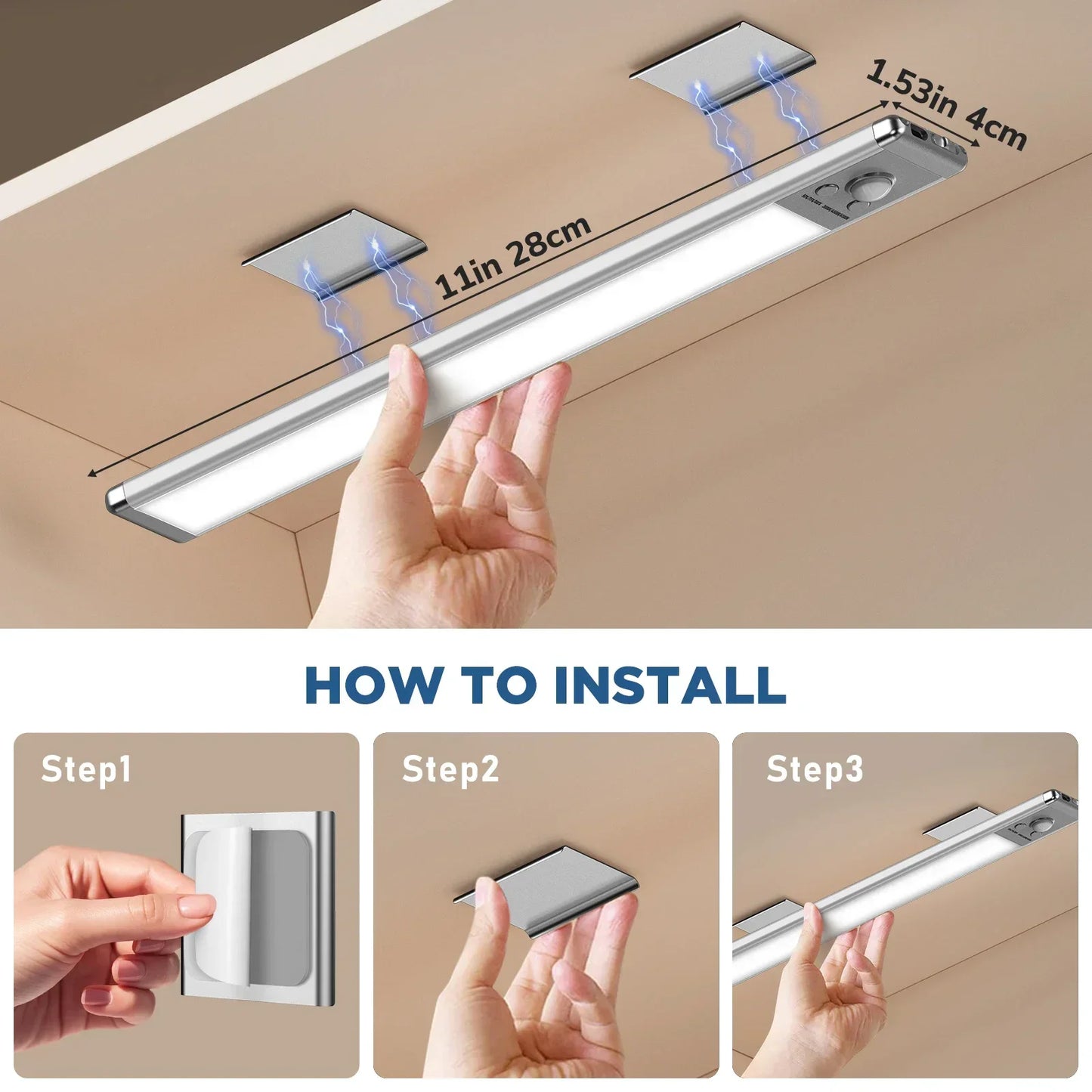 Easy magnetic installation of rechargeable LED cabinet lights with adhesive metal plate, perfect for closets, cupboards, and pantries.