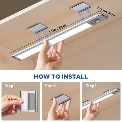 Easy magnetic installation of rechargeable LED cabinet lights with adhesive metal plate, perfect for closets, cupboards, and pantries.