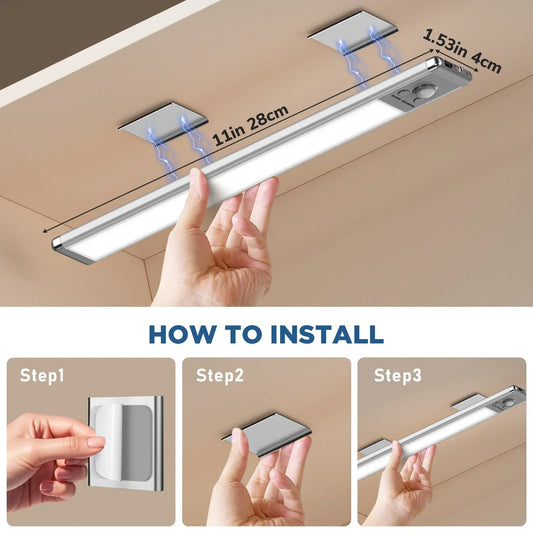 Easy magnetic installation of rechargeable LED cabinet lights with adhesive metal plate, perfect for closets, cupboards, and pantries.