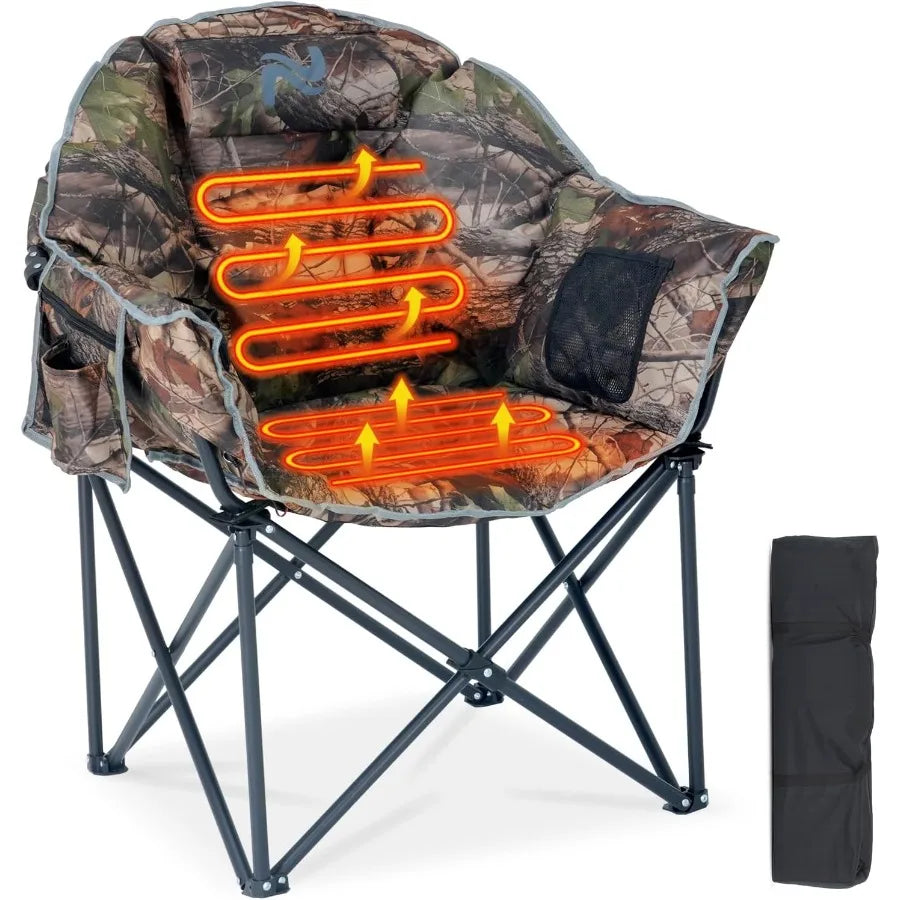 Oversized heated camping chair with 3 heat levels, portable folding design, perfect for outdoor relaxation and camping.