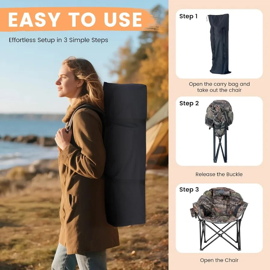 Oversized heated camping chair with detailed size chart, showcasing wide seat and ergonomic backrest for comfort.