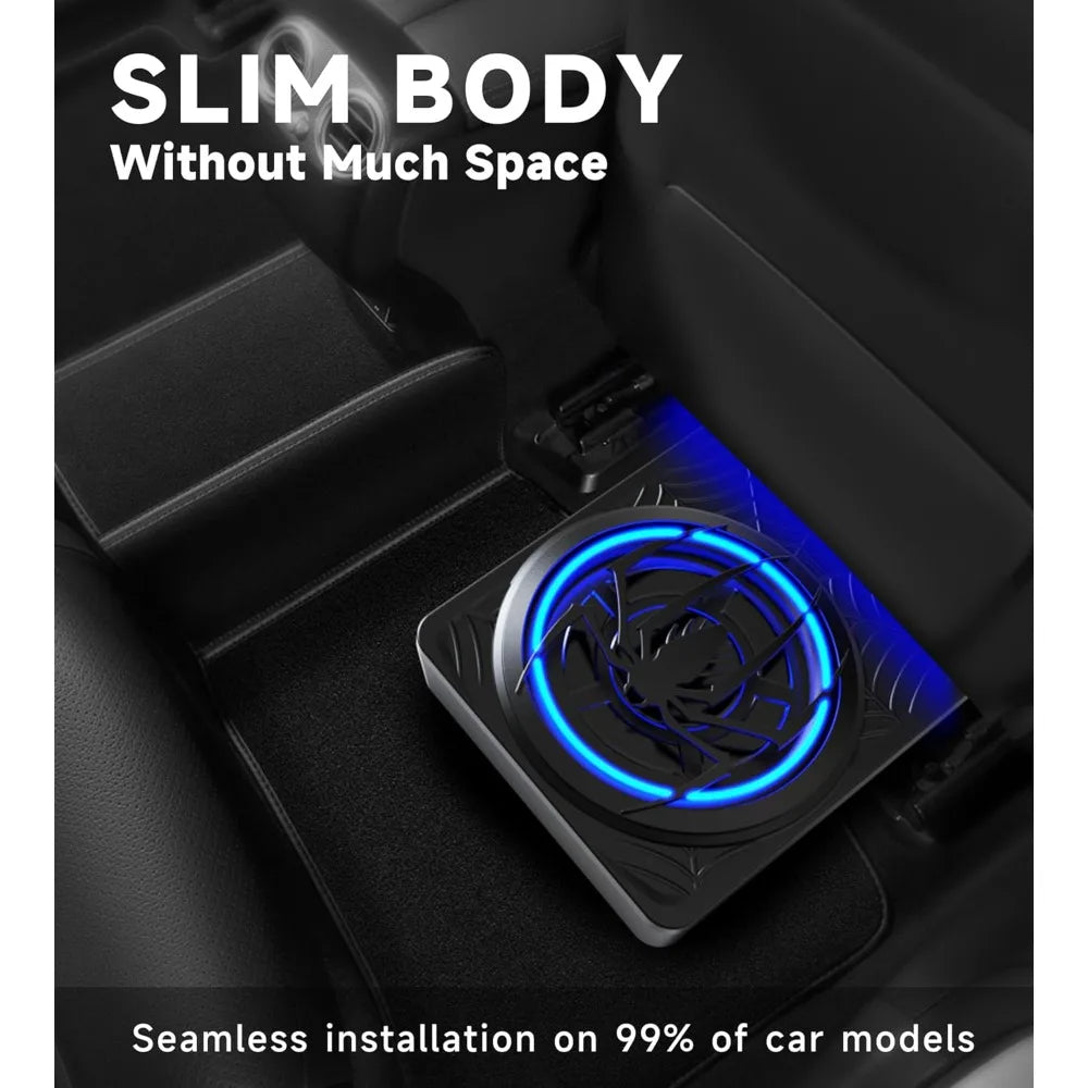 Underseat car subwoofer installed in SUV for space-saving deep bass performance