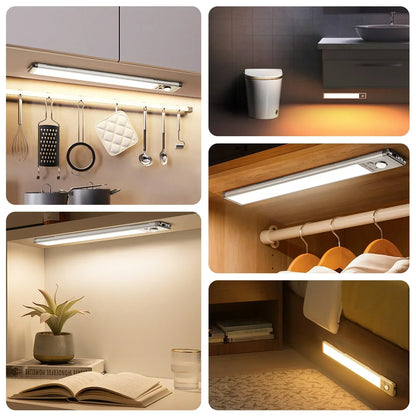 Under cabinet LED light charging with USB-C cable, eco-friendly design with 1500mAh battery and up to 8-hour runtime.